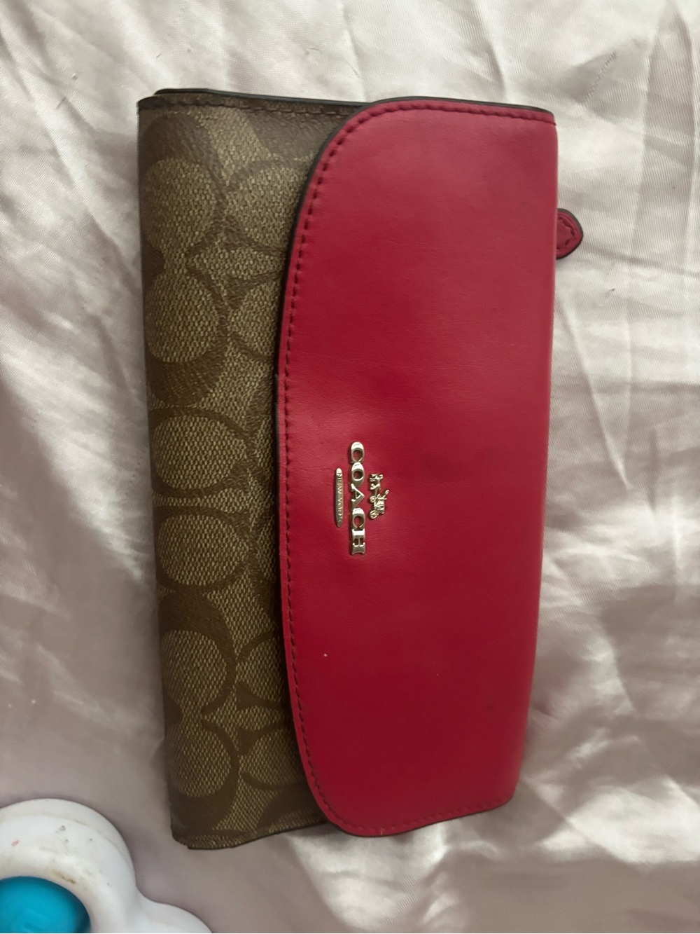 Coach Brown Signature Canvas Wallet with Red Leather Flap